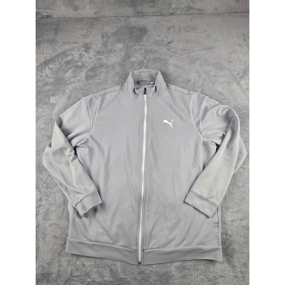 Puma Gray Full Zip Track Jacket Mens Sz XL Mock Neck White Piping Logo Athletic